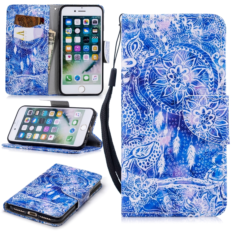 

For iPhone 8 / 7 Colored Drawing Pattern Horizontal Flip TPU + PU Leather Case with Holder & Card Slots & Wallet & Lanyard(Blue Wind Chimes)