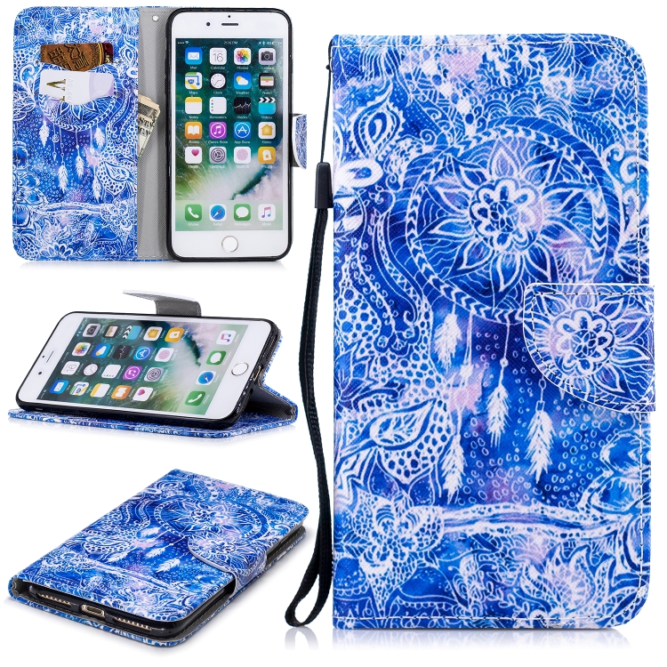 

For iPhone 8 Plus / 7 Plus Colored Drawing Pattern Horizontal Flip TPU + PU Leather Case with Holder & Card Slots & Wallet & Lanyard(Blue Wind Chimes)