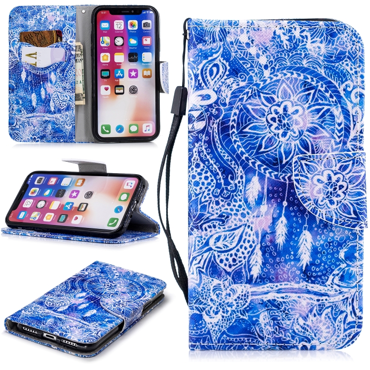 

For iPhone XS / X Colored Drawing Pattern Horizontal Flip TPU + PU Leather Case with Holder & Card Slots & Wallet & Lanyard(Blue Wind Chimes)