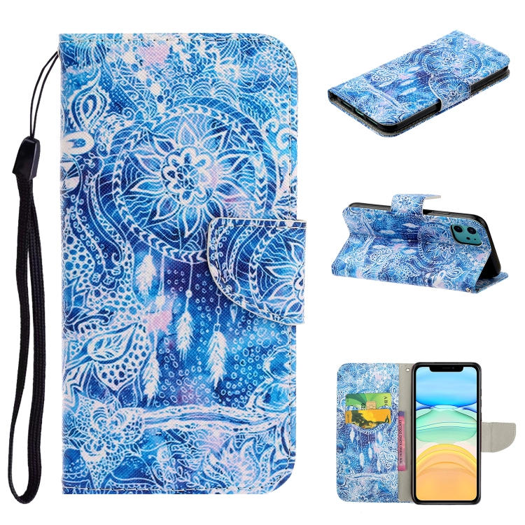 

For iPhone 11 Colored Drawing Pattern Horizontal Flip TPU + PU Leather Case with Holder & Card Slots & Wallet & Lanyard(Blue Wind Chimes)