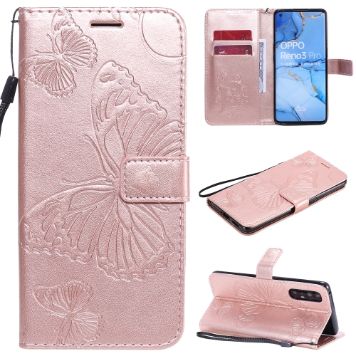 

For OPPO Reno 3 Pro 5G / Find X2 Neo 3D Butterflies Embossing Pattern Horizontal Flip Leather Case with Holder & Card Slot & Wallet & Lanyard(Rose Gold)