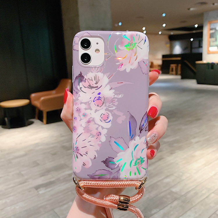 

For iPhone 11 Pro Laser Pattern Soft TPU Protective Case with Shoulder Strap(Gray Background Pink Flower)