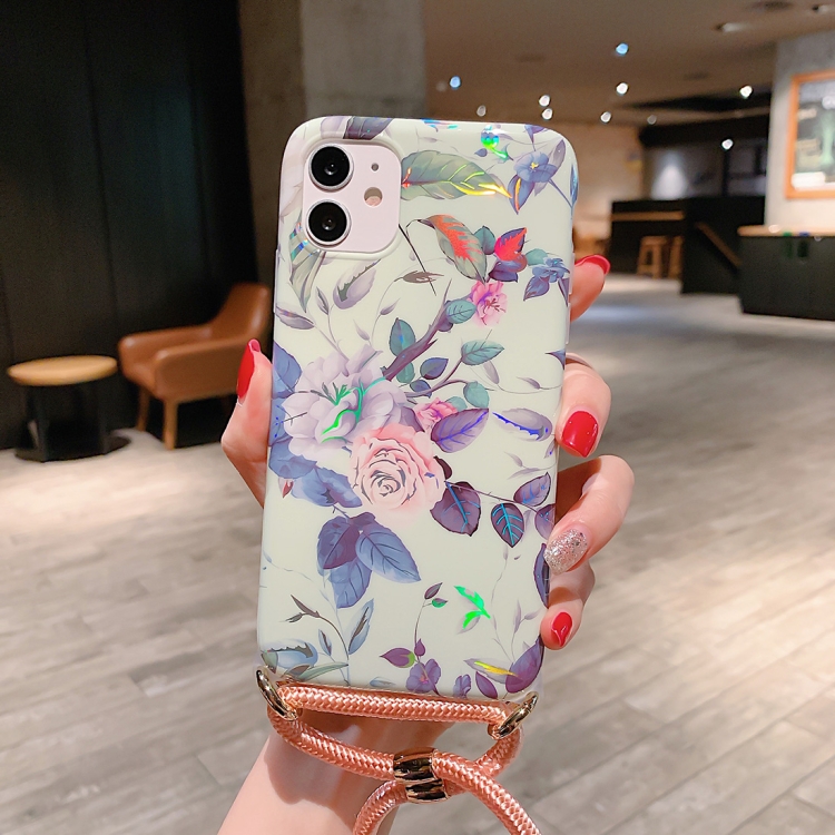 

For iPhone 11 Laser Pattern Soft TPU Protective Case with Shoulder Strap(Rose)