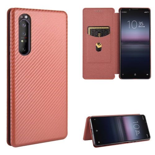 

For Sony Xperia 1 II Carbon Fiber Texture Magnetic Horizontal Flip TPU + PC + PU Leather Case with Card Slot(Brown)