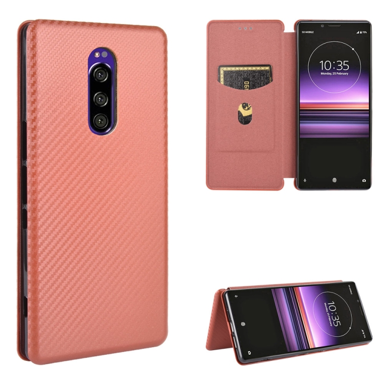 

For Sony Xperia 1 Carbon Fiber Texture Magnetic Horizontal Flip TPU + PC + PU Leather Case with Card Slot(Brown)
