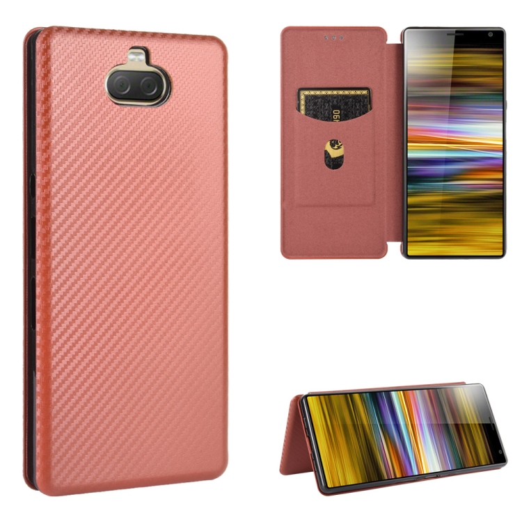 

For Sony Xperia 10 Carbon Fiber Texture Magnetic Horizontal Flip TPU + PC + PU Leather Case with Card Slot(Brown)