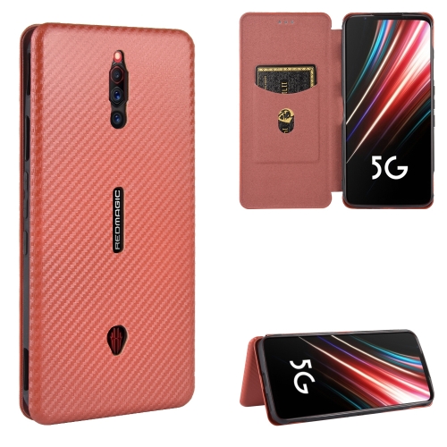

For ZTE nubia Red Magic 5S Carbon Fiber Texture Magnetic Horizontal Flip TPU + PC + PU Leather Case with Card Slot(Brown)