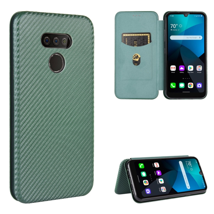 

For LG Harmony 4 Carbon Fiber Texture Magnetic Horizontal Flip TPU + PC + PU Leather Case with Card Slot(Green)