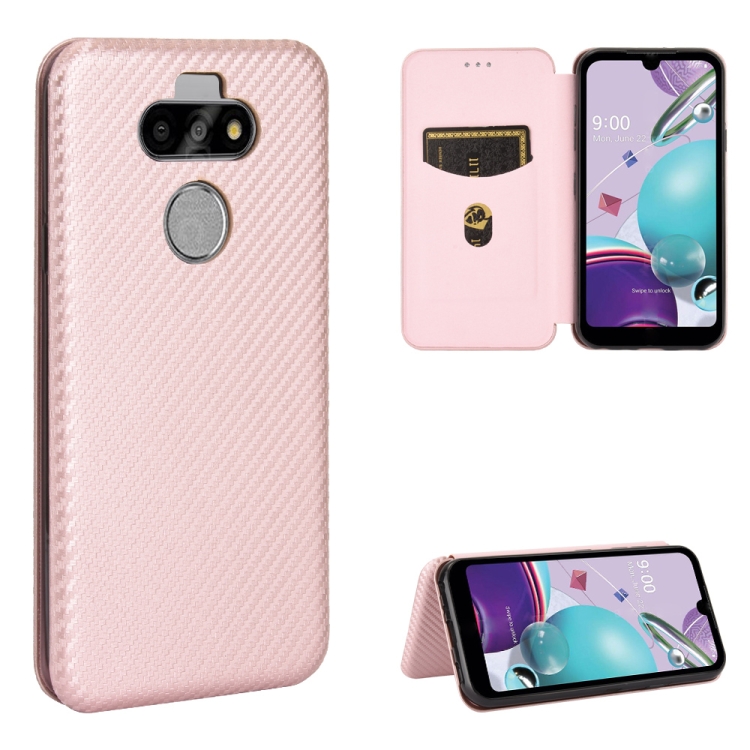 

For LG K31 Carbon Fiber Texture Magnetic Horizontal Flip TPU + PC + PU Leather Case with Card Slot(Pink)