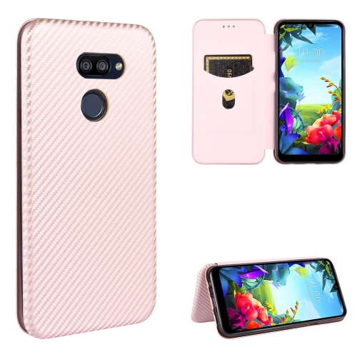 

For LG K40S Carbon Fiber Texture Magnetic Horizontal Flip TPU + PC + PU Leather Case with Card Slot(Pink)