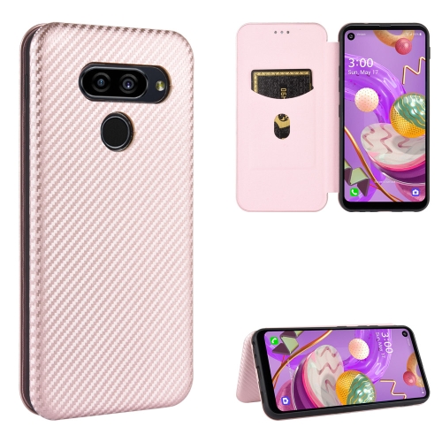 

For LG Q70 Carbon Fiber Texture Magnetic Horizontal Flip TPU + PC + PU Leather Case with Card Slot(Pink)