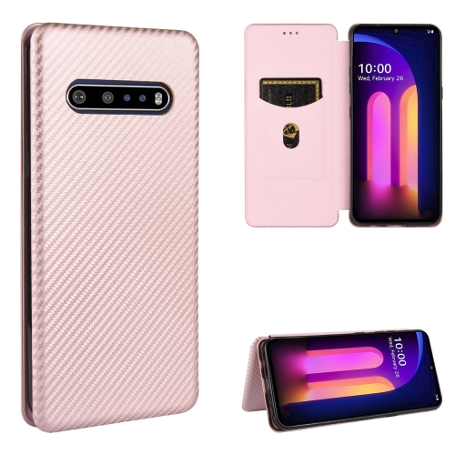 

For LG V60 ThinQ 5G Carbon Fiber Texture Magnetic Horizontal Flip TPU + PC + PU Leather Case with Card Slot(Pink)