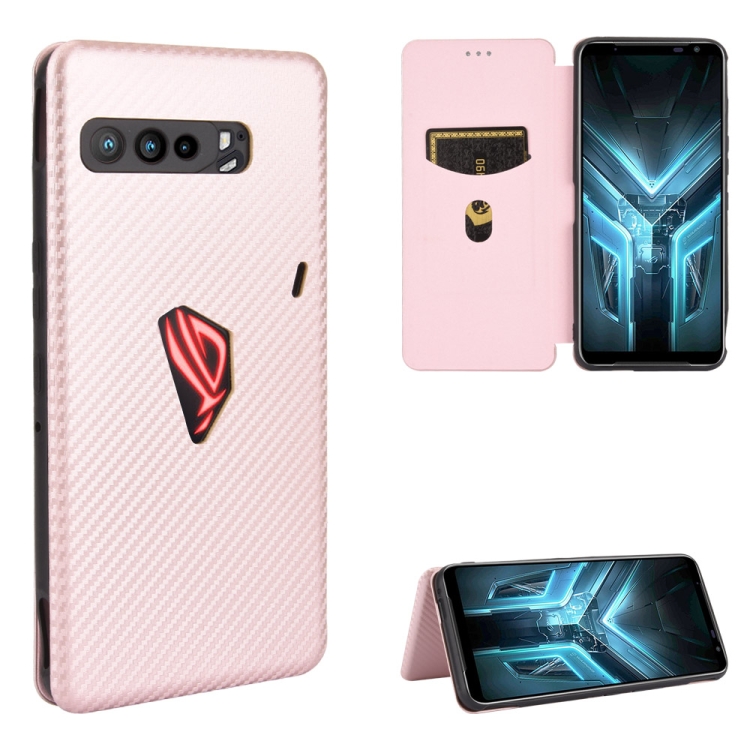 

For Asus ROG Phone 3 ZS661KS Carbon Fiber Texture Magnetic Horizontal Flip TPU + PC + PU Leather Case with Card Slot(Pink)