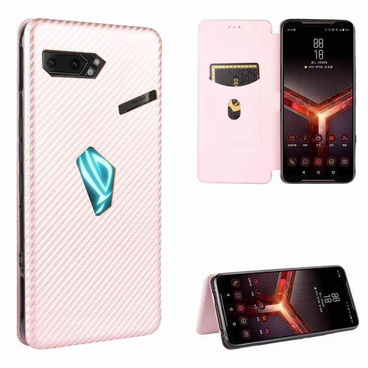 

For Asus ROG Phone II Carbon Fiber Texture Magnetic Horizontal Flip TPU + PC + PU Leather Case with Card Slot(Pink)