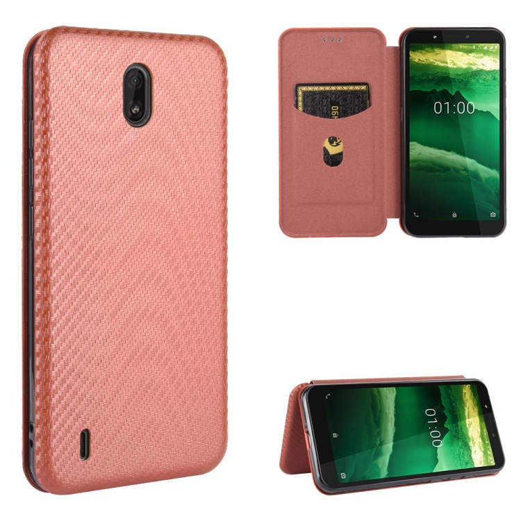 

For Nokia C1 Carbon Fiber Texture Magnetic Horizontal Flip TPU + PC + PU Leather Case with Card Slot(Brown)