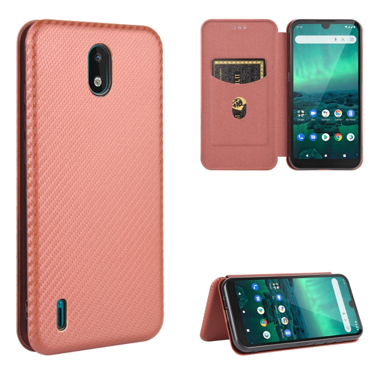

For Nokia 1.3 Carbon Fiber Texture Magnetic Horizontal Flip TPU + PC + PU Leather Case with Card Slot(Brown)