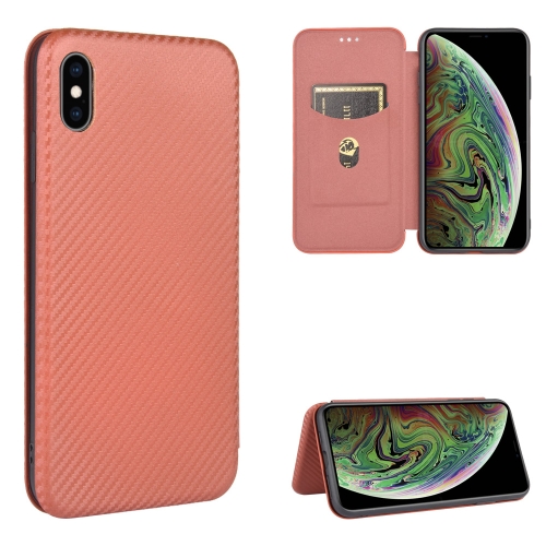 

For iPhone XS Max Carbon Fiber Texture Magnetic Horizontal Flip TPU + PC + PU Leather Case with Card Slot(Brown)