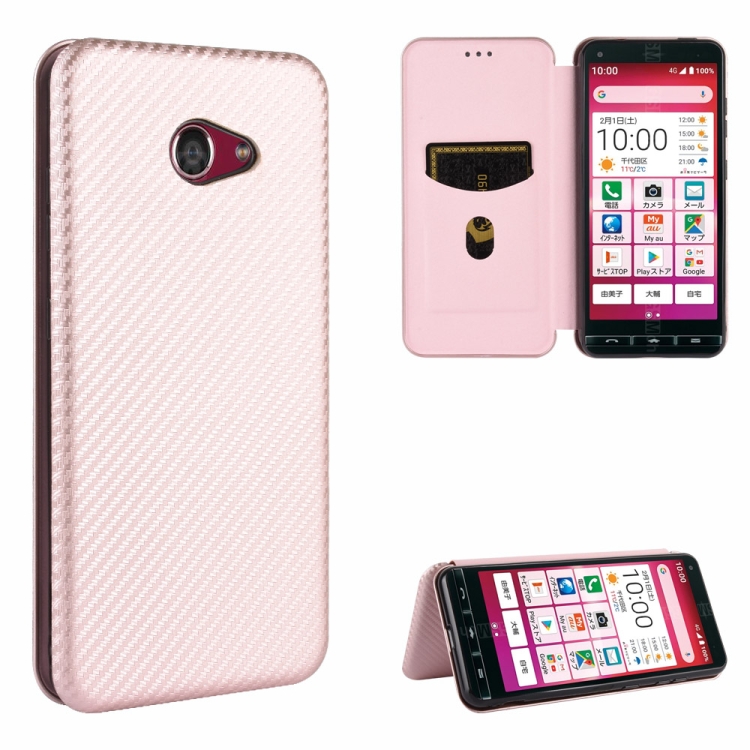 

For Kyocera Basio 4 KYV47 Carbon Fiber Texture Magnetic Horizontal Flip TPU + PC + PU Leather Case with Card Slot(Pink)