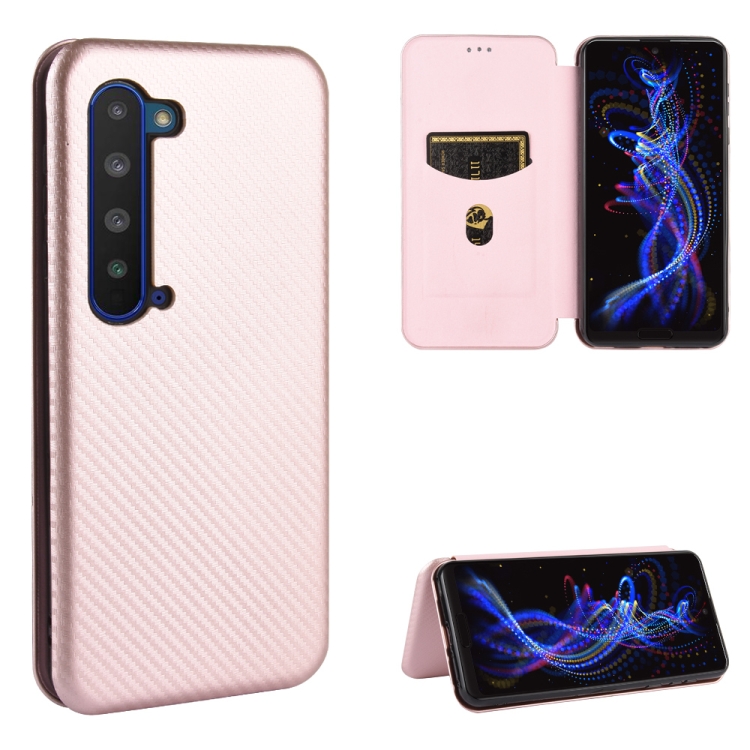 

For Sharp Aquos R5G Carbon Fiber Texture Magnetic Horizontal Flip TPU + PC + PU Leather Case with Card Slot(Pink)