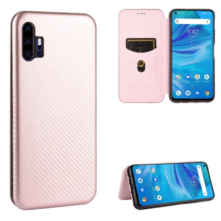 

For UMIDIGI F2 Carbon Fiber Texture Magnetic Horizontal Flip TPU + PC + PU Leather Case with Card Slot(Pink)