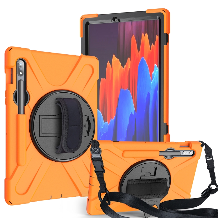 

For Samsung Galaxy Tab S7 (2020) T870 Shockproof Colorful Silicone + PC Protective Case with Holder & Shoulder Strap & Hand Strap & Pen Slot(Orange)