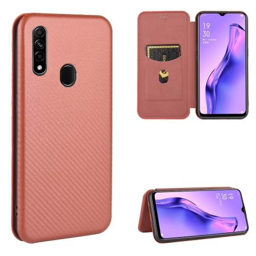 

For OPPO A8 / A31 (2020) Carbon Fiber Texture Magnetic Horizontal Flip TPU + PC + PU Leather Case with Card Slot(Brown)