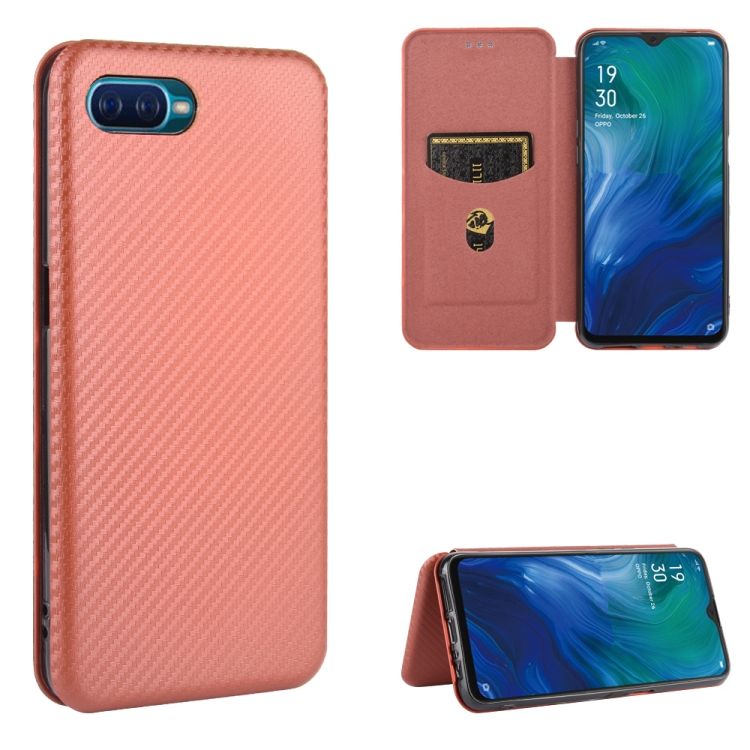 

For OPPO Reno A Carbon Fiber Texture Magnetic Horizontal Flip TPU + PC + PU Leather Case with Card Slot(Brown)