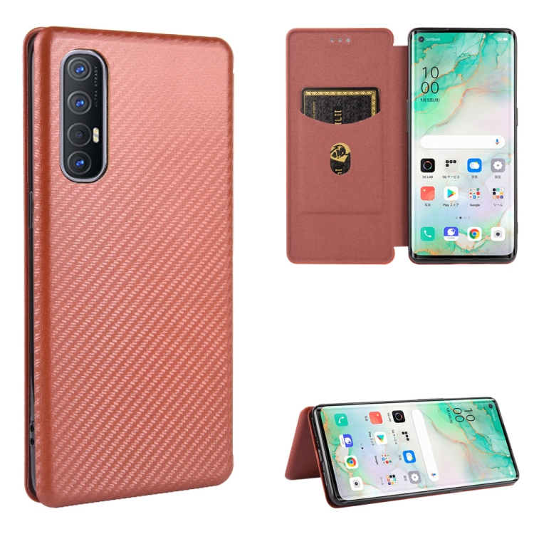 

For OPPO Reno3 5G (Japanese Version) Carbon Fiber Texture Magnetic Horizontal Flip TPU + PC + PU Leather Case with Card Slot(Brown)