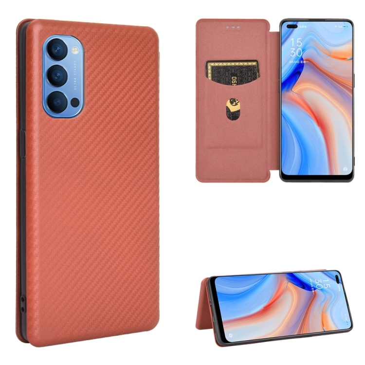 

For OPPO Reno4 4G Carbon Fiber Texture Magnetic Horizontal Flip TPU + PC + PU Leather Case with Card Slot(Brown)