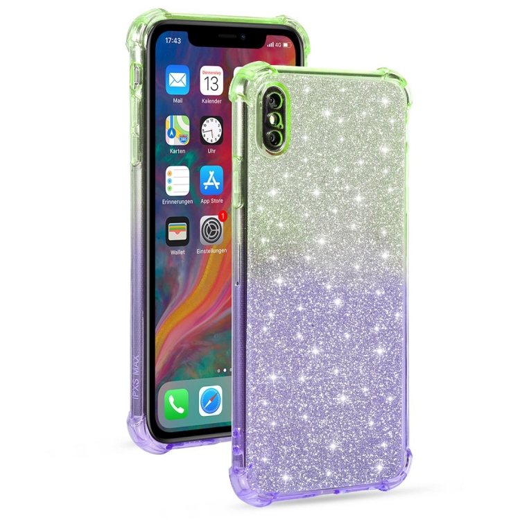 

For iPhone X / XS Gradient Glitter Powder Shockproof TPU Protective Case(Green Purple)