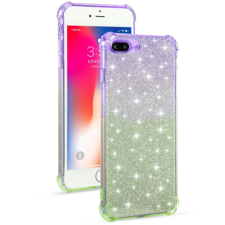 

For iPhone 8 Plus / 7 Plus Gradient Glitter Powder Shockproof TPU Protective Case(Purple Green)