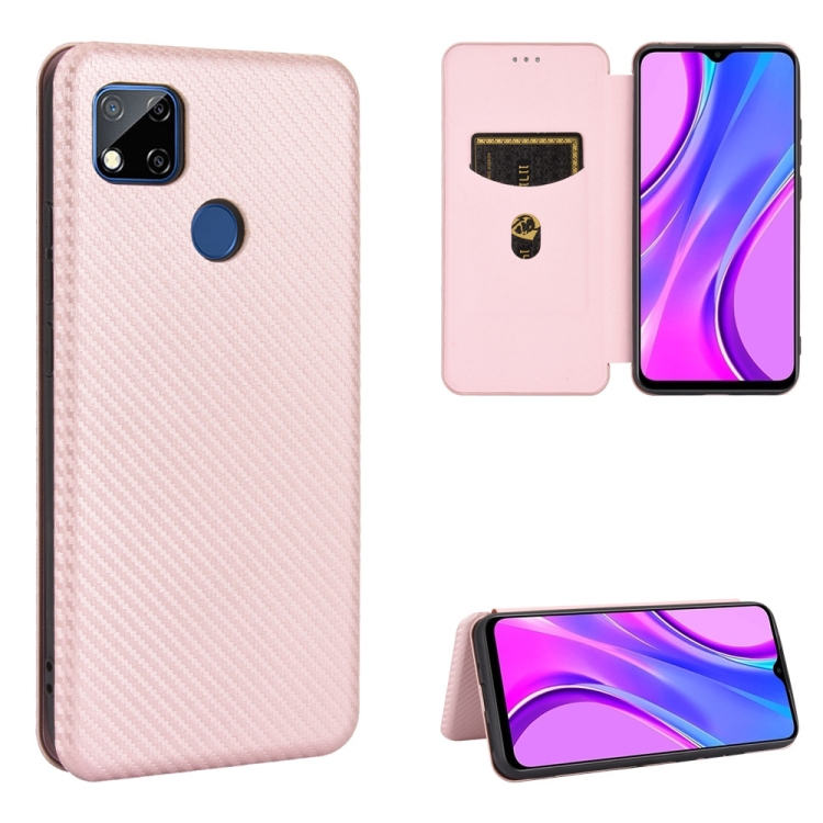 

For Xiaomi Redmi 9C Carbon Fiber Texture Magnetic Horizontal Flip TPU + PC + PU Leather Case with Card Slot(Pink)