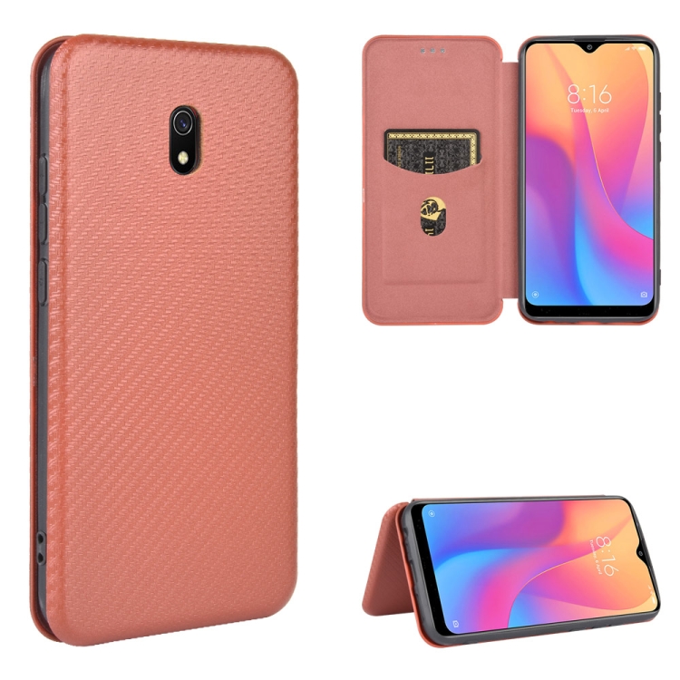 

For Xiaomi Redmi 8A Carbon Fiber Texture Magnetic Horizontal Flip TPU + PC + PU Leather Case with Card Slot(Brown)