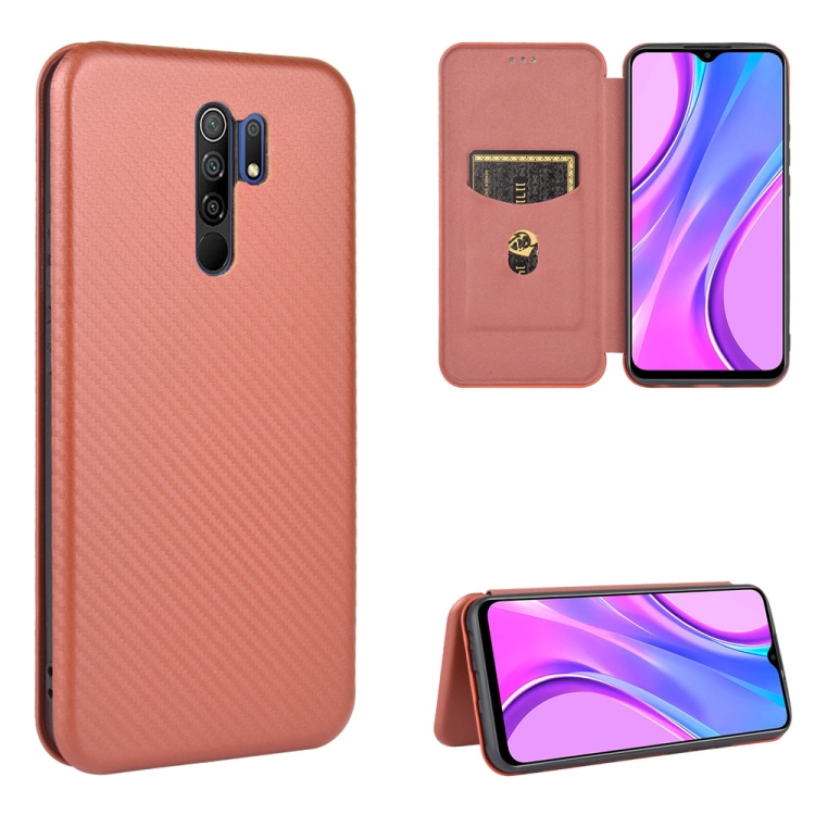 

For Xiaomi Redmi 9 Carbon Fiber Texture Magnetic Horizontal Flip TPU + PC + PU Leather Case with Card Slot(Brown)