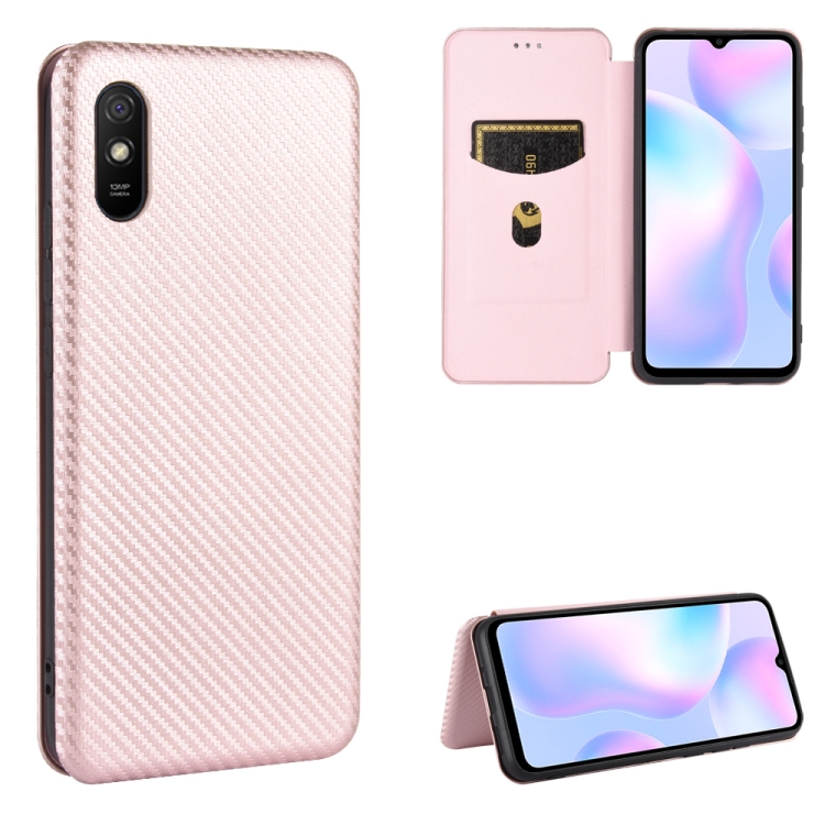 

For Xiaomi Redmi 9A Carbon Fiber Texture Magnetic Horizontal Flip TPU + PC + PU Leather Case with Card Slot(Pink)