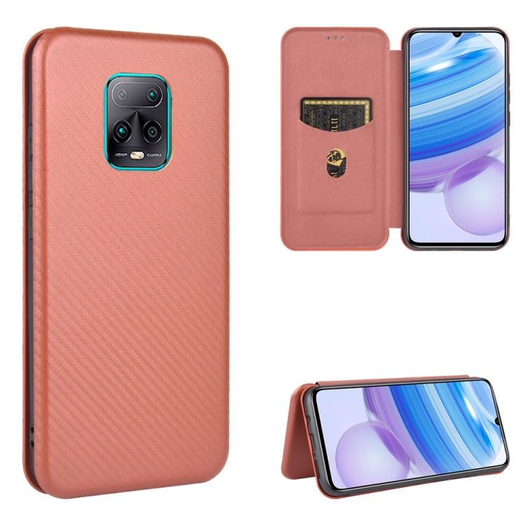 

For Xiaomi Redmi 10X 5G Carbon Fiber Texture Magnetic Horizontal Flip TPU + PC + PU Leather Case with Card Slot(Brown)