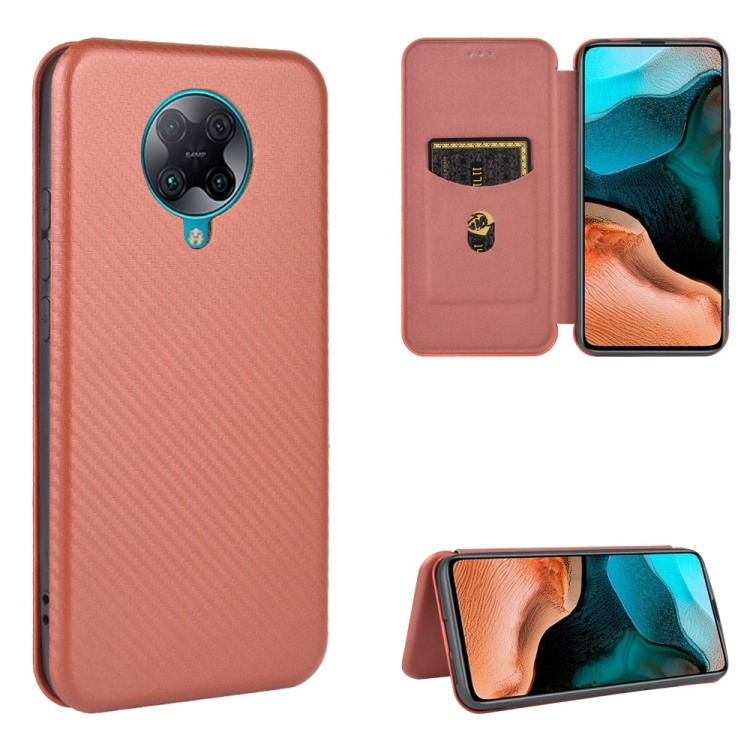 

For Xiaomi Redmi K30 Pro Carbon Fiber Texture Magnetic Horizontal Flip TPU + PC + PU Leather Case with Card Slot(Brown)