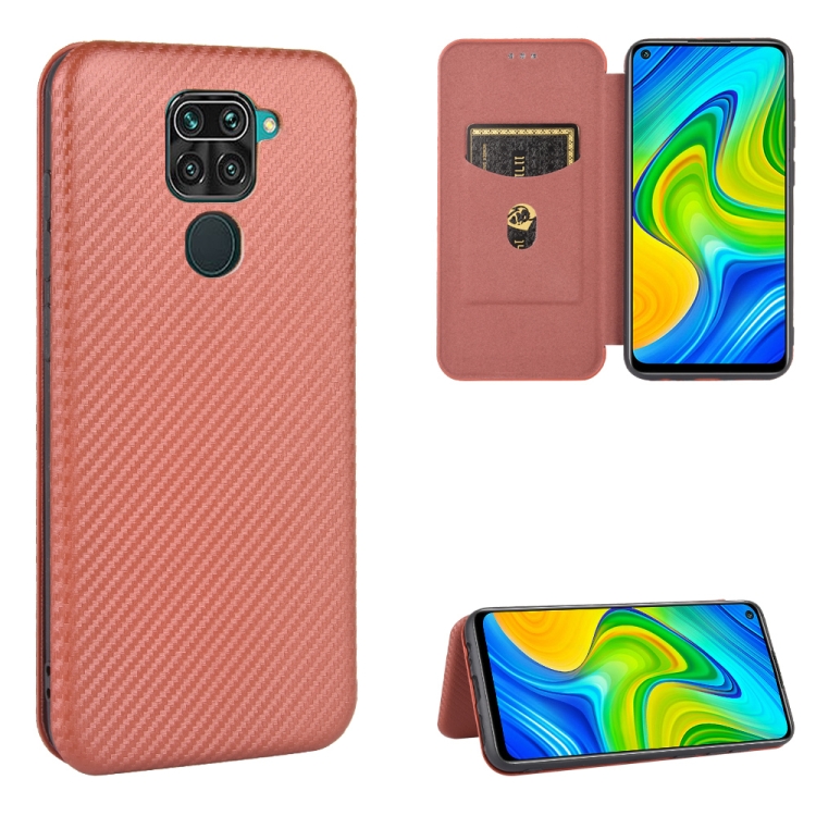 

For Xiaomi Redmi Note 9 Carbon Fiber Texture Magnetic Horizontal Flip TPU + PC + PU Leather Case with Card Slot(Brown)