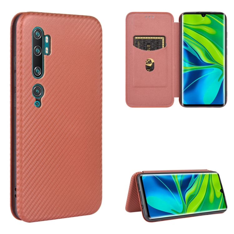 

For Xiaomi Mi CC9 Pro Carbon Fiber Texture Magnetic Horizontal Flip TPU + PC + PU Leather Case with Card Slot(Brown)