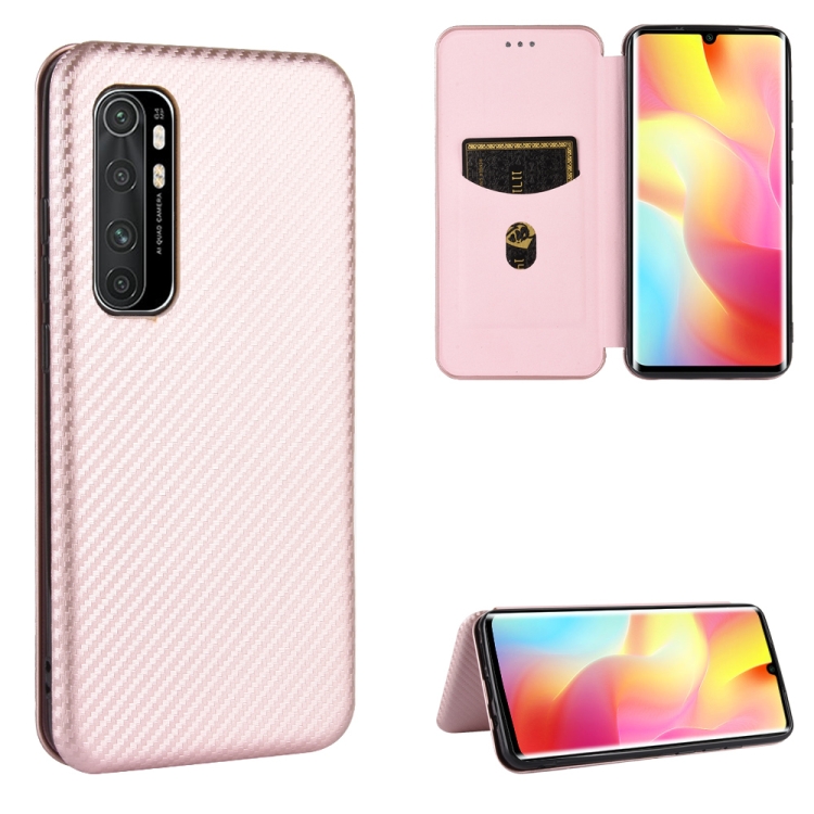 

For Xiaomi Mi Note 10 Lite Carbon Fiber Texture Magnetic Horizontal Flip TPU + PC + PU Leather Case with Card Slot(Pink)