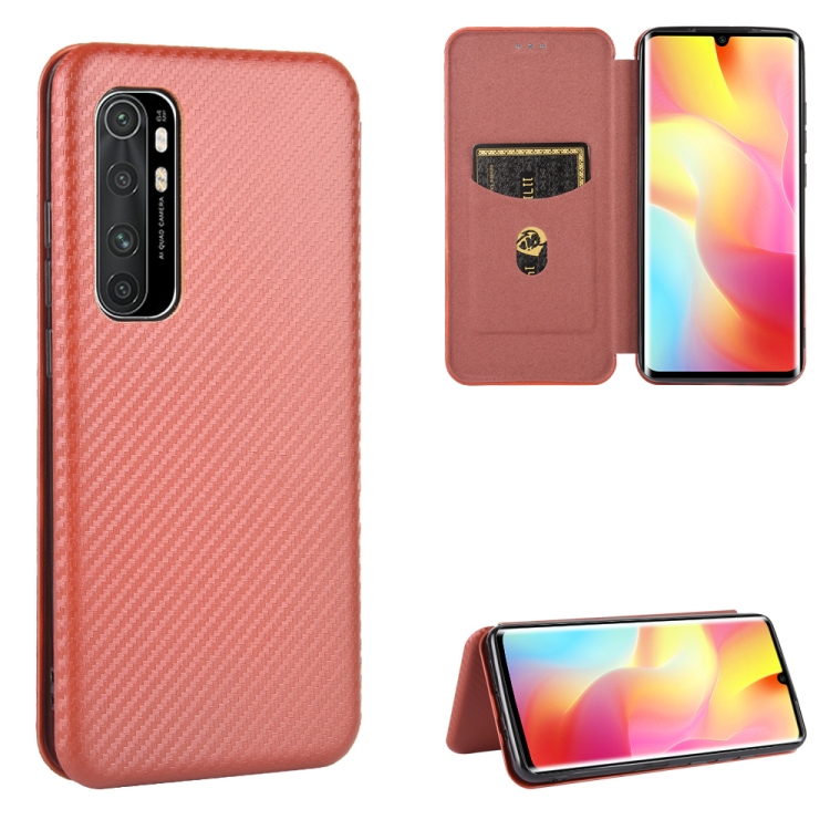 

For Xiaomi Mi Note 10 Lite Carbon Fiber Texture Magnetic Horizontal Flip TPU + PC + PU Leather Case with Card Slot(Brown)