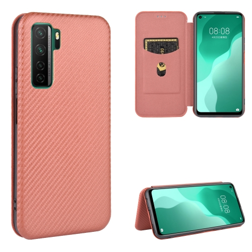 

For Huawei nova 7 SE / P40 Lite 5G Carbon Fiber Texture Magnetic Horizontal Flip TPU + PC + PU Leather Case with Card Slot(Brown)