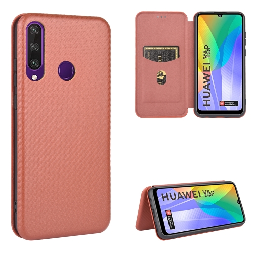 

For Huawei Y6p Carbon Fiber Texture Magnetic Horizontal Flip TPU + PC + PU Leather Case with Card Slot(Brown)