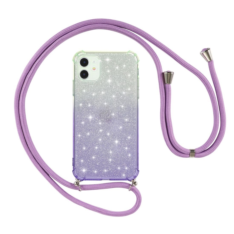 

For iPhone 11 Gradient Glitter Powder Shockproof TPU Protective Case with Lanyard(Green Purple)