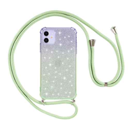 

For iPhone 11 Pro Gradient Glitter Powder Shockproof TPU Protective Case with Lanyard(Purple Green)