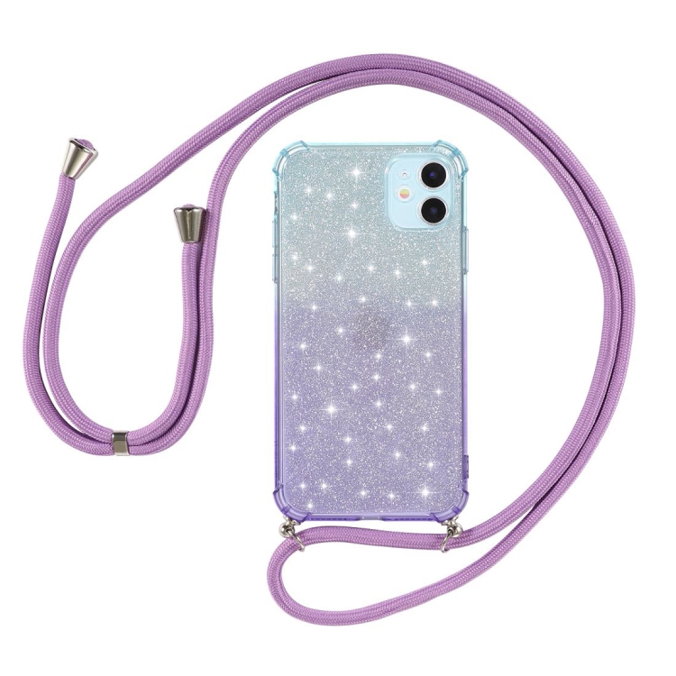 

For iPhone 11 Pro Gradient Glitter Powder Shockproof TPU Protective Case with Lanyard(Blue Purple)