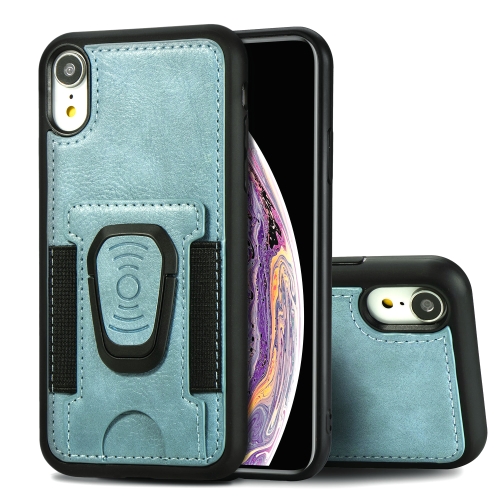 

For iPhone XR Magnetic Shockproof PU + TPU Case with Card Slot & Ring Holder(Blue)