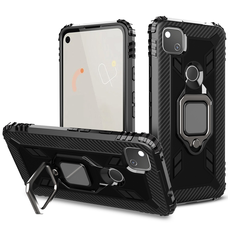 

For Google Pixel 4A 5G Carbon Fiber Protective Case with 360 Degree Rotating Ring Holder(Black)