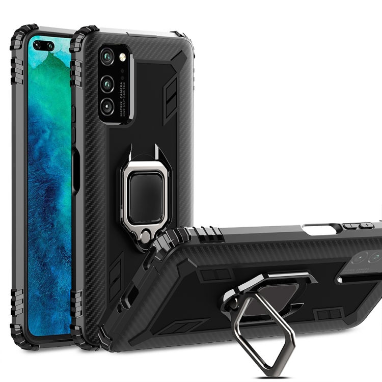 

For Huawei Honor X10 Carbon Fiber Protective Case with 360 Degree Rotating Ring Holder(Black)