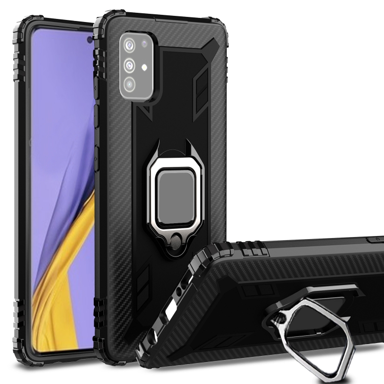 

For Samsung Galaxy M31s Carbon Fiber Protective Case with 360 Degree Rotating Ring Holder(Black)